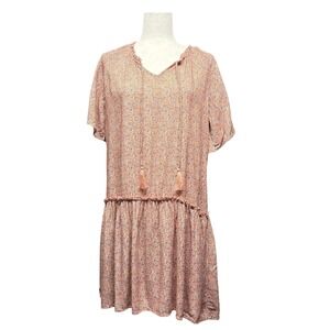 Tribal Jeans Rose Dust Relaxed Mini Dress Tassel Tie Neck Linen Blend Size S NWT